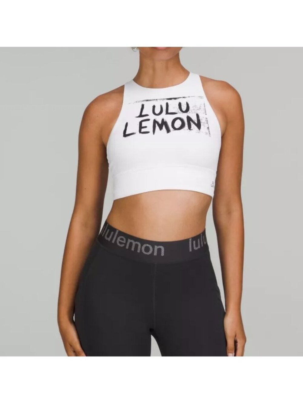 Lululemon Bra Size 6 Energy High-Neck Longline Bra Ed Curtis White Strappy Logo
